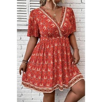 Orange Plus Size Printed Surplice Neck Empire Waist Flowy Mini Dress - 4X thumbnail