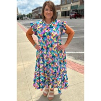 Blue Geometric Print Ruffled Short Sleeve Plus Size Tiered Maxi Dress - 1X thumbnail