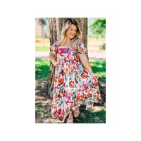 White Floral Square Neck Puff Sleeve Flowy Plus Size Midi Dress - 2X thumbnail