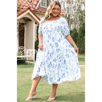 Sky Blue Floral Print Sweetheart Neck Plus Size Midi Dress - 2X thumbnail