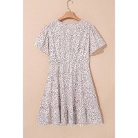 White Floral V Neck Ruffled Short Sleeve Plus Size Dress - 3X thumbnail