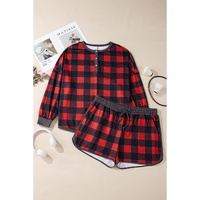Fiery Red Christmas Buffalo Print Henley Top and Shorts Plus Size Set - 1X thumbnail