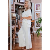 Beige Plus Size Textured Collared Top and Pants Set - 1X thumbnail
