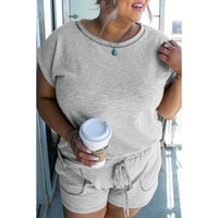 Gray Contrast Stitching Cuffed Sleeve Plus Shorts Set - 1X thumbnail