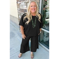 Black Textured Batwing Sleeve Tee Wide Leg Pants Plus Size Set - 4X thumbnail