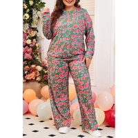 Green Plus Size Printed Long Sleeve and Pants Lounge Set - 1X thumbnail
