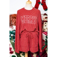 Racing Red MERRY Ribbed Knit Long Sleeve Lace-up Waist Plus Size Set - 2X thumbnail