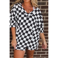 Black Checkered Pattern Tee and Shorts Plus Size Two Piece Set - 2X thumbnail
