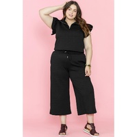 Black Plus Ruffled Sleeve Quarter Zip Top Wide Leg Pants Set - 1X thumbnail