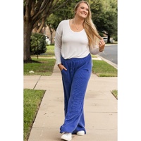 Sky Blue Corded Drawstring High Waist Pocket Plus Size Wide Leg Pants - 4X thumbnail