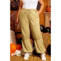 Beige Drawstring Adjusted Band High Waist Plus Size Pants - 2X thumbnail
