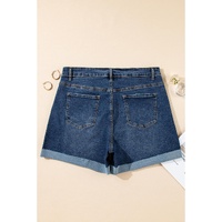 Sail Blue Folded Edge High Waist Plus Size Denim Shorts - 1X thumbnail