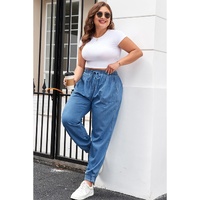 Dusk Blue Drawstring Waist Pocketed Plus Size Denim Joggers - 3X thumbnail