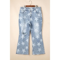 Sky Blue Star Printed Multi Buttons Slit Knee Destroyed Plus Size Jeans - 3X thumbnail
