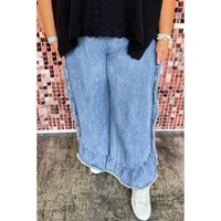 Blue Plus Size Lace up Waist Ruffled Trim Ankle Length Jeans - 1X thumbnail