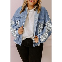 Beau Blue Leopard Patchwork Flap Detail Plus Size Denim Jacket - 2X thumbnail