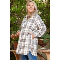 White Plaid Print Tunic Plus Size Shacket with Slits - 1X thumbnail