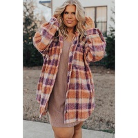 Multicolour Plus Size Plaid Print Collared Button up Jacket - 2X thumbnail