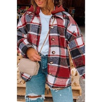 Red Printed Plus Size Plaid Button up Hooded Jacket - 1X thumbnail