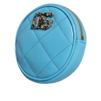 Dolce & Gabbana Women's Light Blue Lamb Leather DG Crystal Round Coin Purse Wallet - One Size thumbnail
