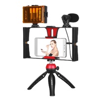 Live Broadcast Vlogging Kit With Led Light Microphone Tripod & Cold Shoe Head - Blue thumbnail