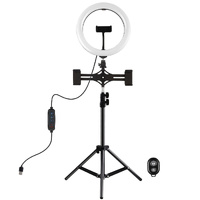 10.2 Led Ring Light with Tripod & Dual Phone Brackets - Usb Dimmable Dual Colour Temperature Selfie Remote - Black thumbnail