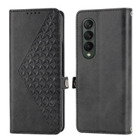 Leather Grid Texture Phone Case with Lanyard for Samsung Galaxy z Fold 4 - Yellow thumbnail