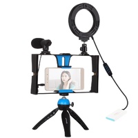 Vlogging Live Broadcast Smartphone Video Rig With Led Selfie Light Microphone Tripod Mount And Cold Shoe Head - Blue - Pkt3025L thumbnail