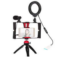 Vlogging Live Broadcast Smartphone Video Rig With 4.7 Inch Rgbw Ring Led Selfie Light Microphone And Pocket Tripod Mount Kit - Blue thumbnail