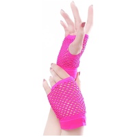 12 Pair Fishnet Gloves Fingerless Wrist Length 70s 80s Costume Party - Hot Pink thumbnail