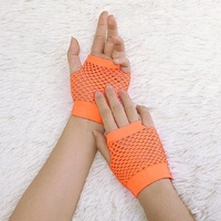 12 Pair Fishnet Gloves Fingerless Wrist Length 70s 80s Costume Party - Orange thumbnail