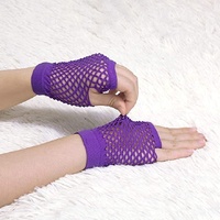12 Pair Fishnet Gloves Fingerless Wrist Length 70s 80s Costume Party - Purple thumbnail