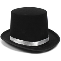 BLACK SATIN TOP HAT w Silver Ribbon Band Costume Mad Hatter Party Magician thumbnail