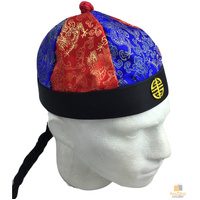 CHINESE LANDLORD HAT Oriental Asian Cap w Ponytail Party Costume Traditional - Blue/Red thumbnail