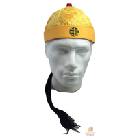 CHINESE LANDLORD HAT Oriental Asian Cap w Ponytail Party Costume Traditional - Yellow thumbnail