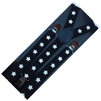 2x Mens Suspenders Braces Adjustable Strong Clip On Elastic Formal Wedding Slim - Black with White Stars thumbnail