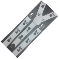 2x Mens Suspenders Braces Adjustable Strong Clip On Elastic Formal Wedding Slim - White with Black Skulls thumbnail