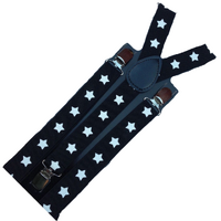 3x Mens Suspenders Braces Adjustable Strong Clip On Elastic Formal Wedding Slim - Black with White Stars thumbnail