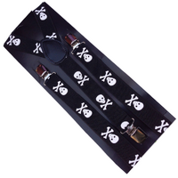 3x Mens Suspenders Braces Adjustable Strong Clip On Elastic Formal Wedding Slim - Black with White Skulls thumbnail