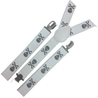 6x Mens Suspenders Braces Adjustable Strong Clip On Elastic Formal Wedding BULK - White with Black Skulls thumbnail