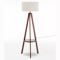 Natural Wooden Tripod Floor Lamp w/ Round Shelf + Off White Linen Shade - Cherry thumbnail