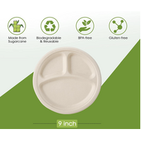 600pcs Disposable Sugarcane Bagasse 3-Compartment Paper Plates Eco 23cm (9") Bulk thumbnail