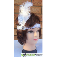 3x 1920s FLAPPER HEADBAND Headpiece Feather Sequin Charleston Costume Gatsby - White thumbnail