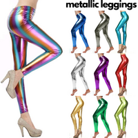 Metallic Leggings Stretchy Pants Neon Fluro Shiny Glossy Dress Up Dance Party - Metallic Green thumbnail