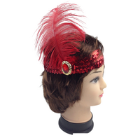 WIDE FLAPPER HEADBAND Feather Sequin Costume Gatsby Charleston Headpiece 1920s - Red thumbnail