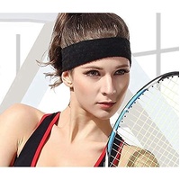 WRISTBAND & HEADBAND SET Tennis Terry Towelling Cotton Sweat Band Team Gym  - Black thumbnail