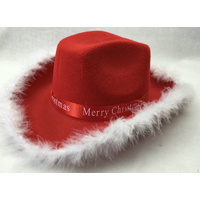 CHRISTMAS HAT Wide Brim Santa Xmas Party Costume Cowboy Fedora Red Fur Cap thumbnail