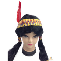 Womens Native American Wig w/ Red Feather Pigtail Indian Party Costume Hair thumbnail