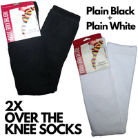 2 Pairs Ladies Over The Knee Socks Plain Black + White High Thigh Long Stockings thumbnail