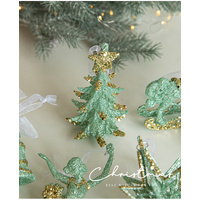 Green Glitter Christmas Tree Ornament with Gold Star Top - Hanging Festive Decoration 5 pieces thumbnail